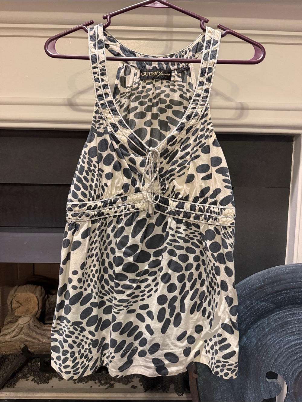 Guess Cream and Black Printed Tank Top with Tie Front